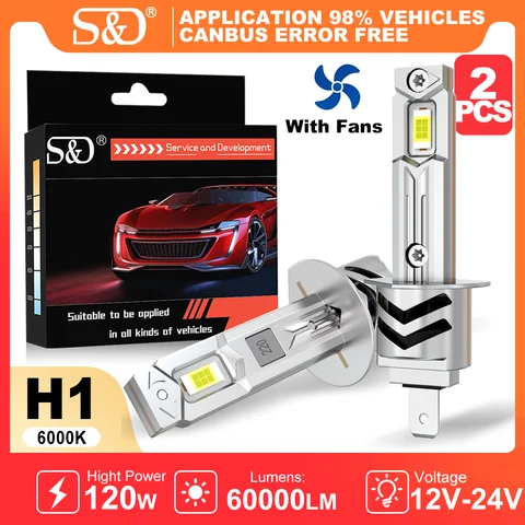S&D H1 H7 LED Headlight Bulb Mini Canbus 120W 60000LM CSP for Car Headlamp Fan Light Auto Diode Fog Lamp 12-24V 6000K Automobile