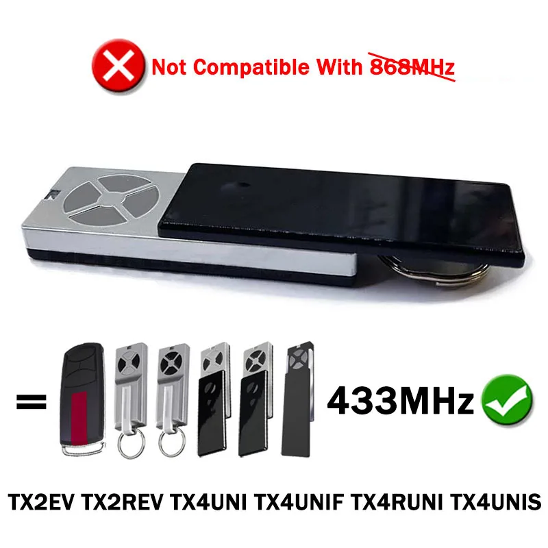 For TX4UNI TX4UNIF TX4RUNI TX4UNIS TX2REV TX2EV Garage Door / Gate Remote Control Electric Gate Control 4CH 433MHz Rolling Code
For TX4UNI TX4UNIF TX4RUNI TX4UNIS TX2REV TX2EV Garage Door / Gate Remote Control Electric Gate Control 4CH 433MHz Rolling Code