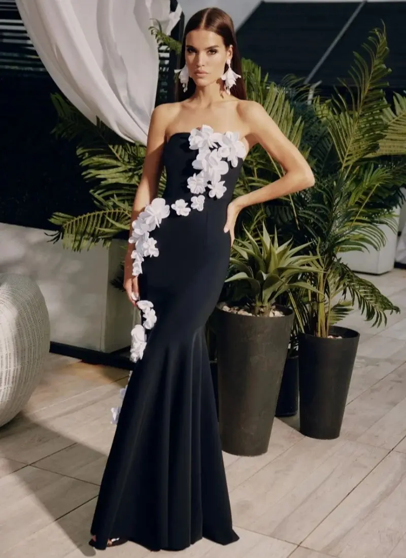 Black Mermaid Evening Dresses Floral Appliques Sleeveless Women Prom Gowns Sweep Train Customized Wedding Party Guest Gowns
Black Mermaid Evening Dresses Floral Appliques Sleeveless Women Prom Gowns Sweep Train Customized Wedding Party Guest Gowns