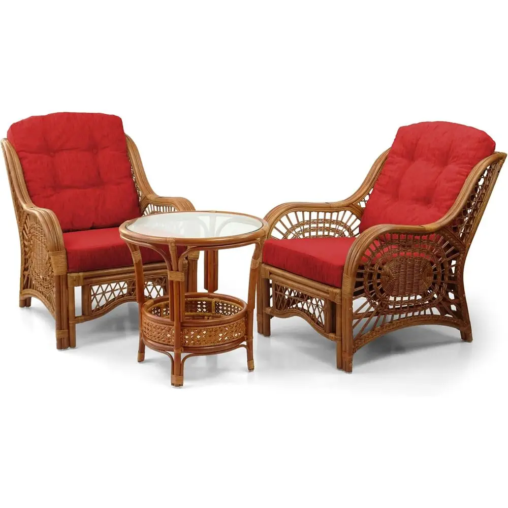 Pair of Natural Rattan Wicker Chairs with Red Cushions and Round Coffee Table, Handcrafted Cognac Finish
Pair of Natural Rattan Wicker Chairs with Red Cushions and Round Coffee Table, Handcrafted Cognac Finish