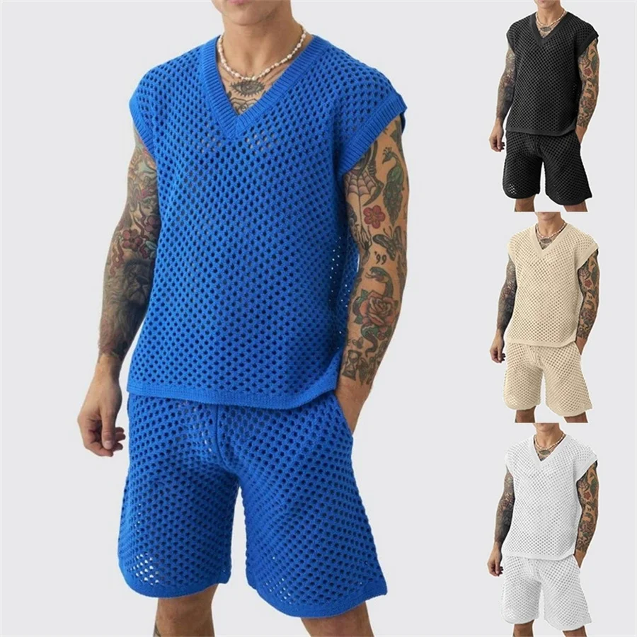 New Men's Summer Casual Knitted 2pcs Sets Fashion Solid Loose V-neck Tank Tops and Shorts Sport Suit Men Hollow Out Streetwear
New Men's Summer Casual Knitted 2pcs Sets Fashion Solid Loose V-neck Tank Tops and Shorts Sport Suit Men Hollow Out Streetwear