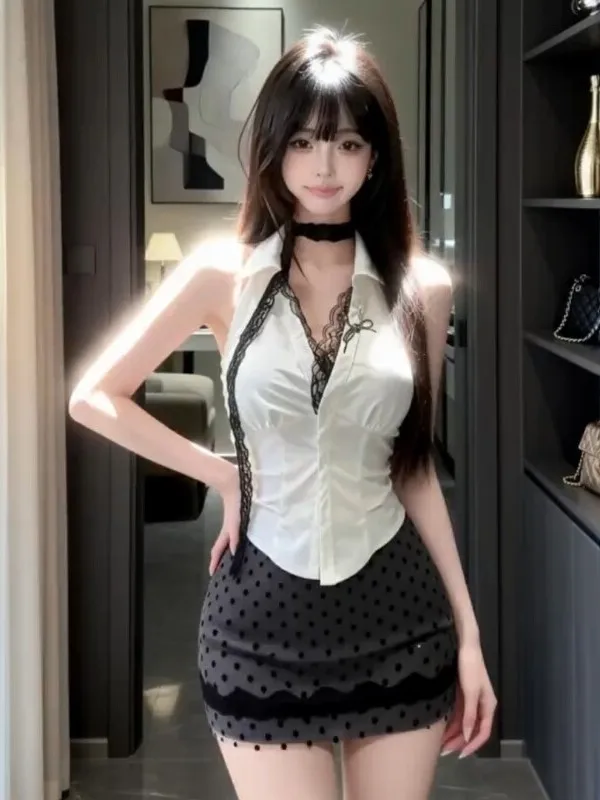 Spring Summer New Pure Desire Lace Splice Hanging Ne irt Top High Waist Sexy Polka Dot Wrap Body ort Skirt Two Piece Set
Spring Summer New Pure Desire Lace Splice Hanging Ne irt Top High Waist Sexy Polka Dot Wrap Body ort Skirt Two Piece Set