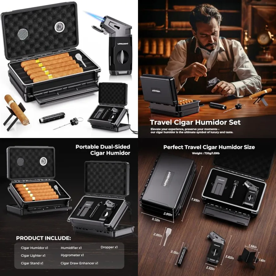 Travel Cigar Humidor Case Set, Double-sided Design, with Cigar Lighter Built-in V Cutter, 2-in-1 Cigar Draw Enhancer/Punch Tool
Travel Cigar Humidor Case Set, Double-sided Design, with Cigar Lighter Built-in V Cutter, 2-in-1 Cigar Draw Enhancer/Punch Tool