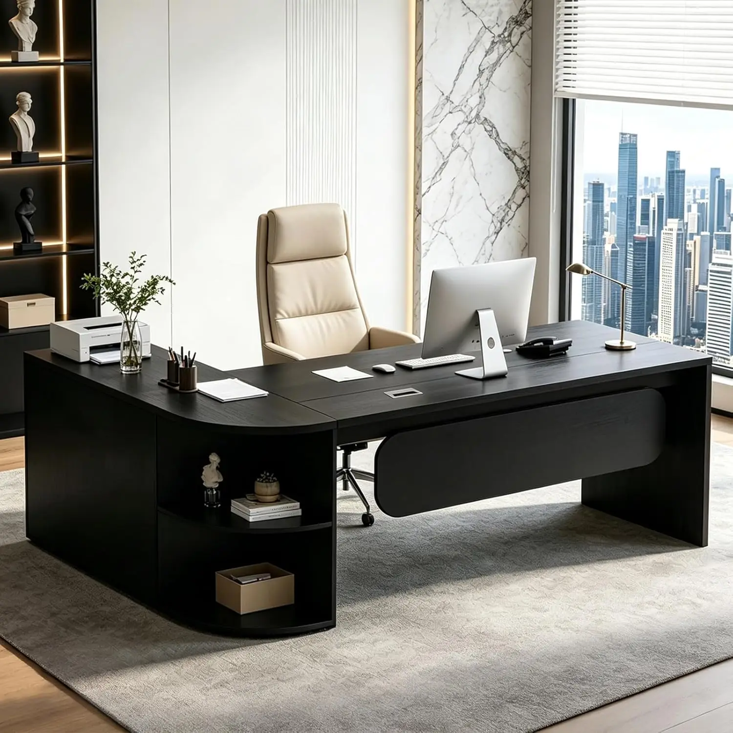 L-Shaped Office Desk with Storage Shelves, Modern Executive Desk with Curved Edge, Large Workstation Desk for Home Office, Busi
L-Shaped Office Desk with Storage Shelves, Modern Executive Desk with Curved Edge, Large Workstation Desk for Home Office, Busi