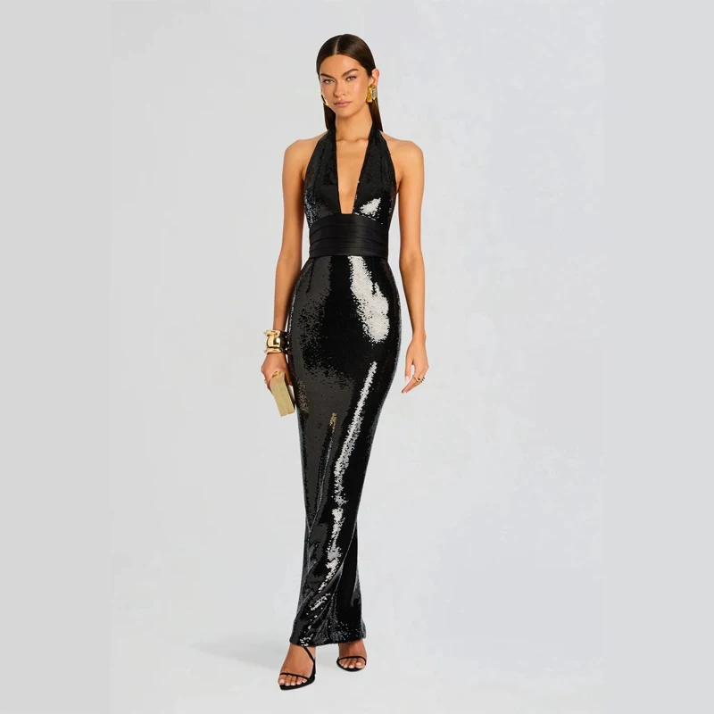 Fashionable celebrity party banquet evening gown trendy spicy girl black sequin neck hanging nightclub dress
Fashionable celebrity party banquet evening gown trendy spicy girl black sequin neck hanging nightclub dress
