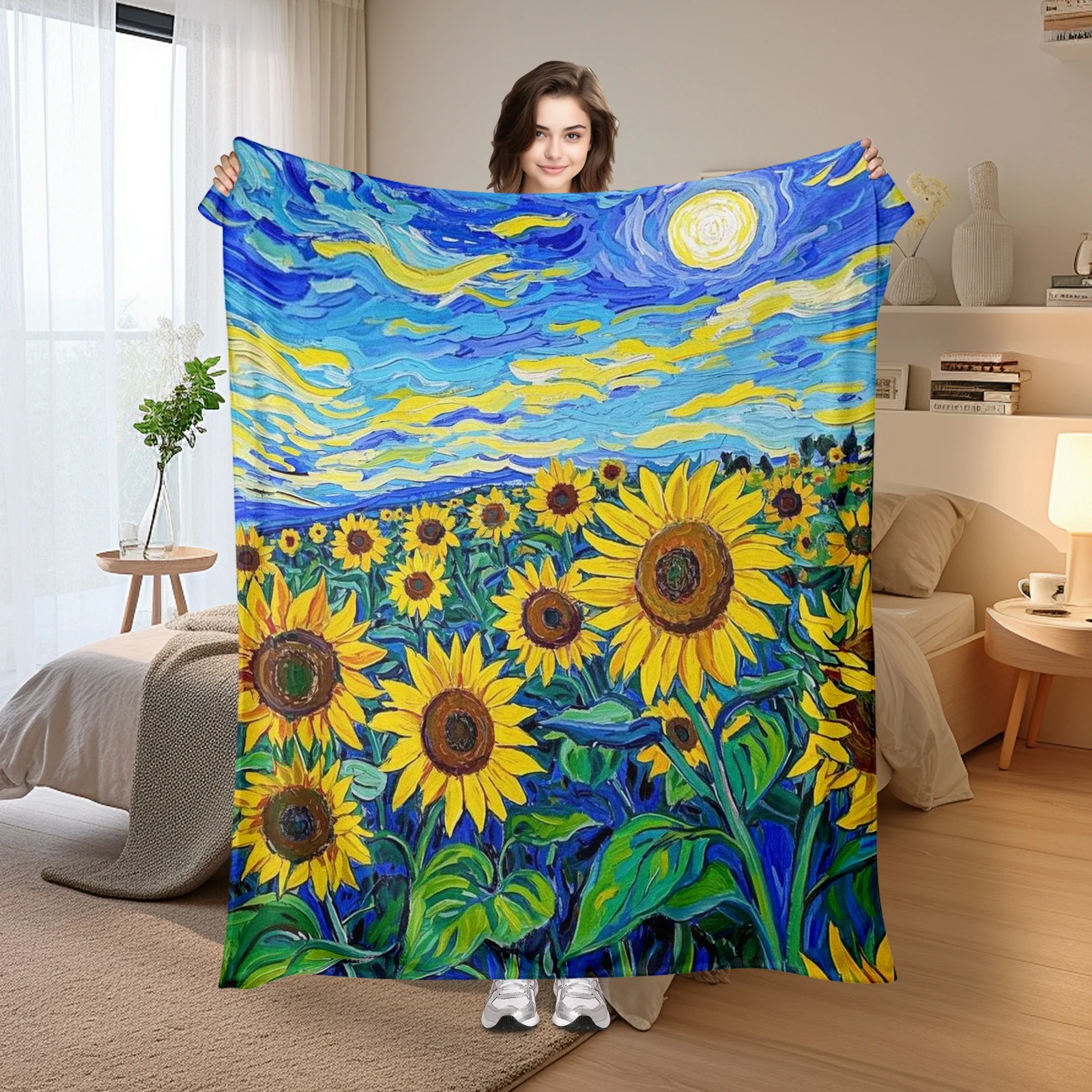 Vincent Van Gogh Inspired Sunflowers Under Blue Sky With Sun Art Design Warm Blanket For Bedroom Or Living Room Ambiance
Vincent Van Gogh Inspired Sunflowers Under Blue Sky With Sun Art Design Warm Blanket For Bedroom Or Living Room Ambiance