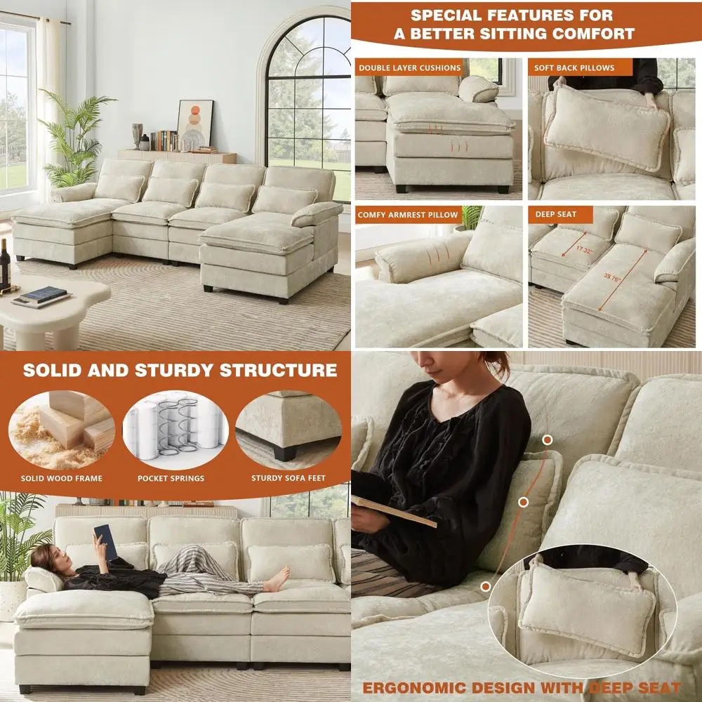 Double Chaise Sectional Sofa with 4 Seats, 2-Layer Cushions, Deep Seating, Chenille Upholstery, Beige Living Room
Double Chaise Sectional Sofa with 4 Seats, 2-Layer Cushions, Deep Seating, Chenille Upholstery, Beige Living Room