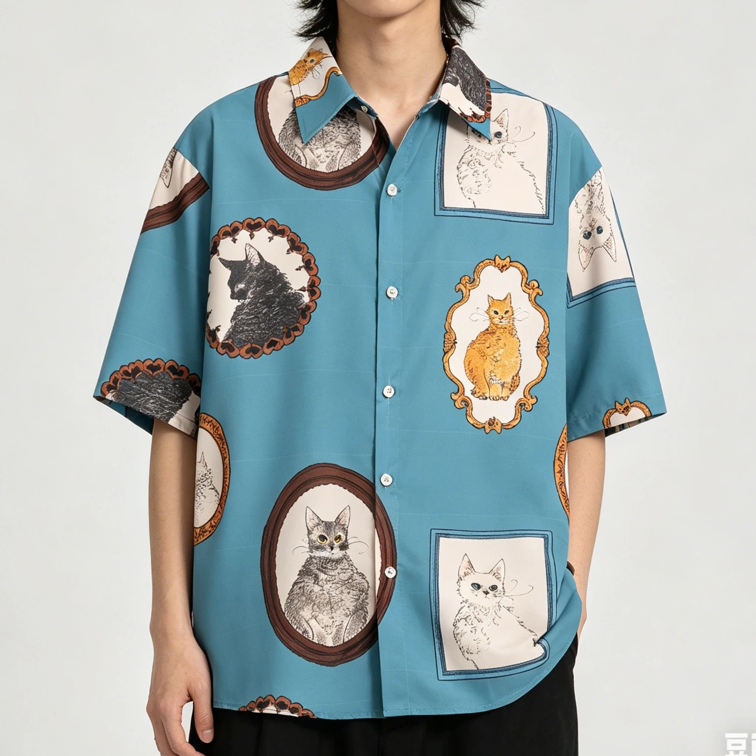 Vintage Cat Portrait Print Teal Button-Up Shirt Novelty Cat Frame Graphic Short Sleeve Shirt Retro Cat Lover Aesthetic Top Japan
Vintage Cat Portrait Print Teal Button-Up Shirt Novelty Cat Frame Graphic Short Sleeve Shirt Retro Cat Lover Aesthetic Top Japan