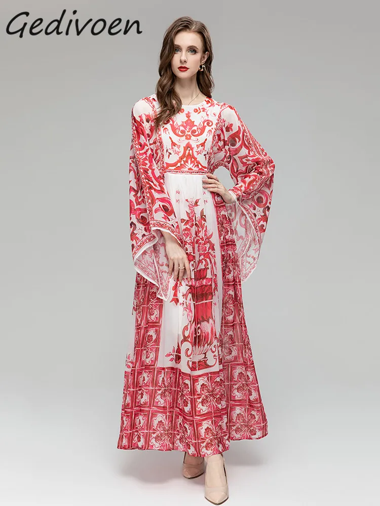 Gedivoen Summer Fashion Runway Loose Party Dress Women's O-Neck High Waist Bohemian Red Flower Porcelain Print Maxi Long Dress
Gedivoen Summer Fashion Runway Loose Party Dress Women's O-Neck High Waist Bohemian Red Flower Porcelain Print Maxi Long Dress