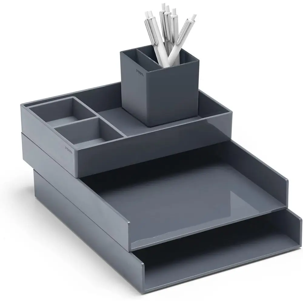 Super Stacked Desk Set - k Gray, Two Letter Trays, Accory Tray, Silicone This + That Tray, Double-Comparent Pen Cup and 6 Signat
Super Stacked Desk Set - k Gray, Two Letter Trays, Accory Tray, Silicone This + That Tray, Double-Comparent Pen Cup and 6 Signat