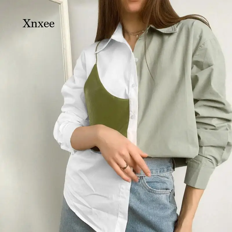 Vintage Splicing Leather Oversized Shirts Women Long Sleeve Asymmetrical Ladies Blouse Lapel Breasted Patchwork Ladies Tops
Vintage Splicing Leather Oversized Shirts Women Long Sleeve Asymmetrical Ladies Blouse Lapel Breasted Patchwork Ladies Tops
