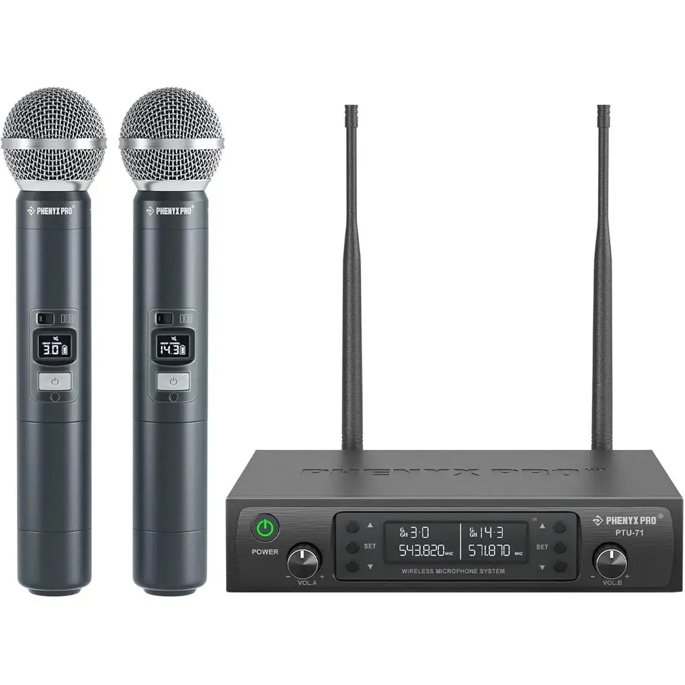 Wireless Microphone System with Dual Wireless Mics, 2 Handhelds, Auto Scan, 200 MHz Range, Ideal for Presentations, Singing, and
Wireless Microphone System with Dual Wireless Mics, 2 Handhelds, Auto Scan, 200 MHz Range, Ideal for Presentations, Singing, and