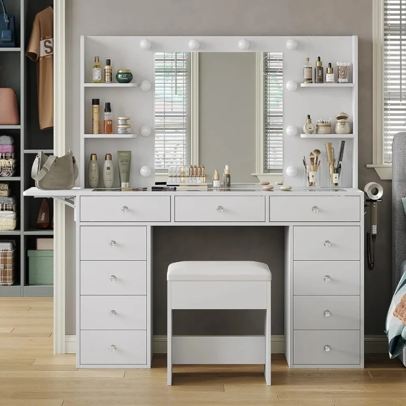 Vanity Desk with Power Outlet, 11 Drawers Makeup Vanity with Lighted Mirror, 3 Colors Adjustable, Glass Top Vanity
Vanity Desk with Power Outlet, 11 Drawers Makeup Vanity with Lighted Mirror, 3 Colors Adjustable, Glass Top Vanity