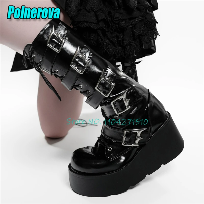 Black White Patent Leather Platform Knight Boots Punk Metal Buckle Round Toe Wedge Lace Up Knee High Boot Y2K Lolita Women Shoes
Black White Patent Leather Platform Knight Boots Punk Metal Buckle Round Toe Wedge Lace Up Knee High Boot Y2K Lolita Women Shoes