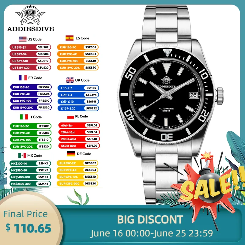 ADDIESDIVE Luxury Automatic Mechanical Watches Sapphire AR Coated High Quality Men's Watch Luminous Waterproof 200M Diver Watch
ADDIESDIVE Luxury Automatic Mechanical Watches Sapphire AR Coated High Quality Men's Watch Luminous Waterproof 200M Diver Watch