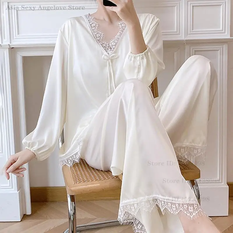 Sexy Lace V-Neck Pajamas 2PCS Set Ice Silk Homewear Women Sleepwear Long Sleeve Top&Trouser Pijamas Suit Loose Casual Loungewear
Sexy Lace V-Neck Pajamas 2PCS Set Ice Silk Homewear Women Sleepwear Long Sleeve Top&Trouser Pijamas Suit Loose Casual Loungewear