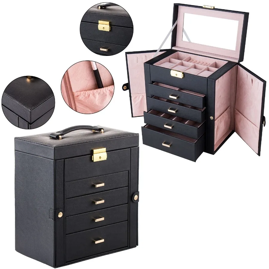 Synthetic Leather Huge Jewelry Box Mirrored Watch Organizer Necklace Ring Earring Storage Lockable Gift Case Black
Synthetic Leather Huge Jewelry Box Mirrored Watch Organizer Necklace Ring Earring Storage Lockable Gift Case Black