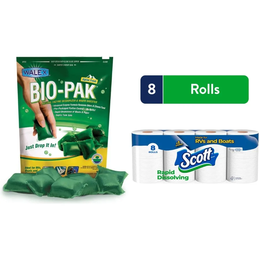 Scott Rapid-Dissolving Toilet Paper 8 Double Rolls + Bio-Pak Holding Tank Deodorizer Drop-Ins, Green Alpine Scent (2-Pack)
Scott Rapid-Dissolving Toilet Paper 8 Double Rolls + Bio-Pak Holding Tank Deodorizer Drop-Ins, Green Alpine Scent (2-Pack)