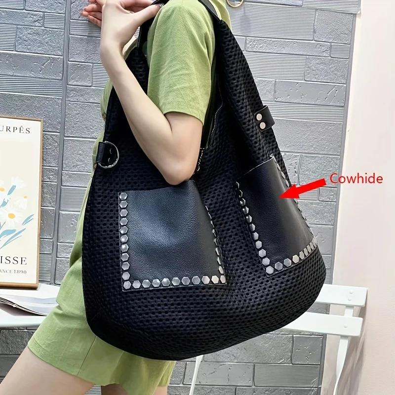 Fashion women's shoulder bag trendy casual mesh large capacity versatile rivet bag with cowhide travel bag
Fashion women's shoulder bag trendy casual mesh large capacity versatile rivet bag with cowhide travel bag