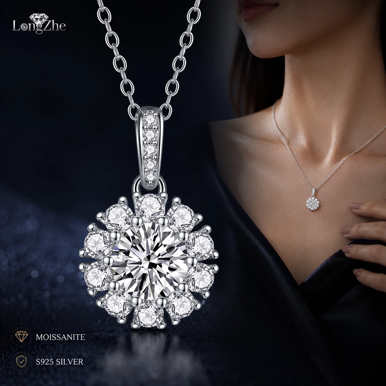 LongZhe Moissanite Pendant Necklace S925 Sterling Silver 1CT 6.5mm Round Flower Halo Pendant 45cm Chain Jewelry Gift for Women
LongZhe Moissanite Pendant Necklace S925 Sterling Silver 1CT 6.5mm Round Flower Halo Pendant 45cm Chain Jewelry Gift for Women