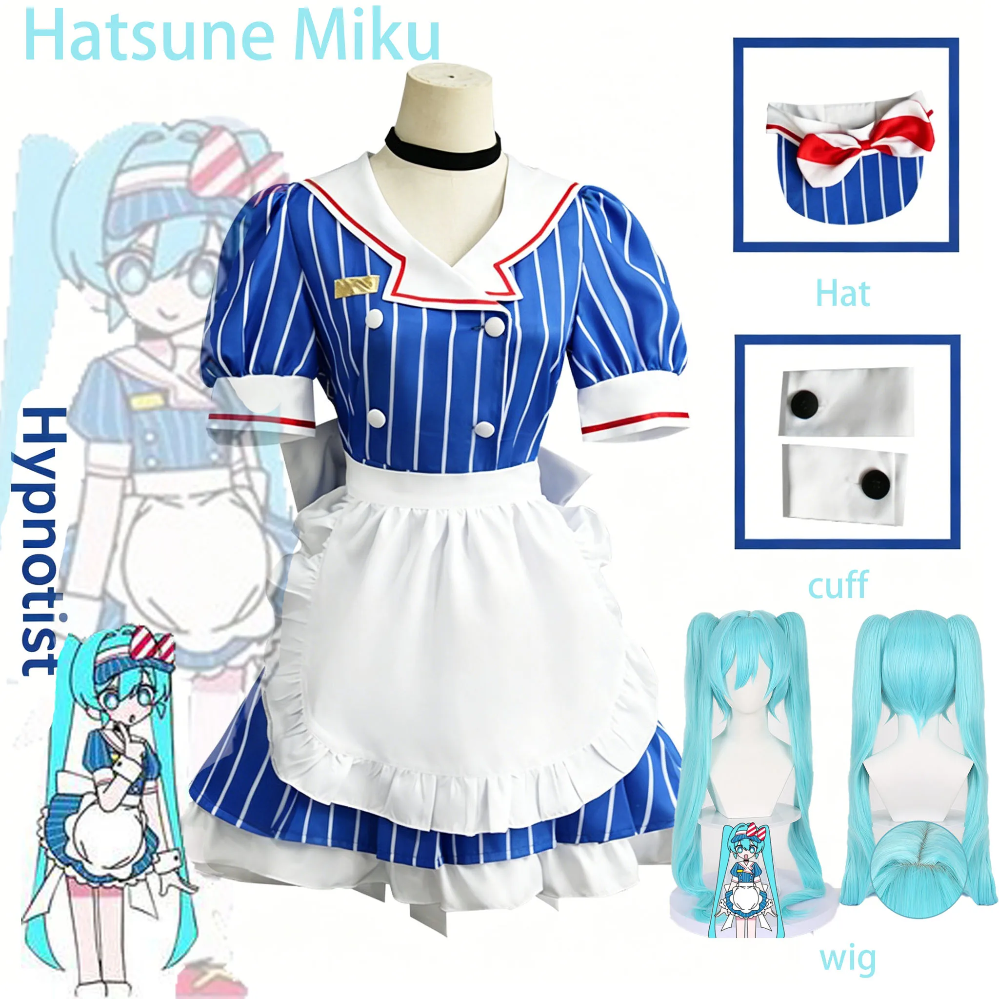 Anime Hypnotist Maid Uniform Cosplay Full Set Striped Maid Dress Aqua Twin Ponytail Wig For Role Play
Anime Hypnotist Maid Uniform Cosplay Full Set Striped Maid Dress Aqua Twin Ponytail Wig For Role Play