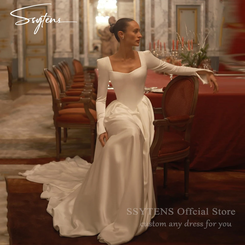SSYTENS Simple Modest White Wedding Dress Satin Backless Long Sleeve Bridal Gown Square Neck Court Train Bride Dress Customized
SSYTENS Simple Modest White Wedding Dress Satin Backless Long Sleeve Bridal Gown Square Neck Court Train Bride Dress Customized