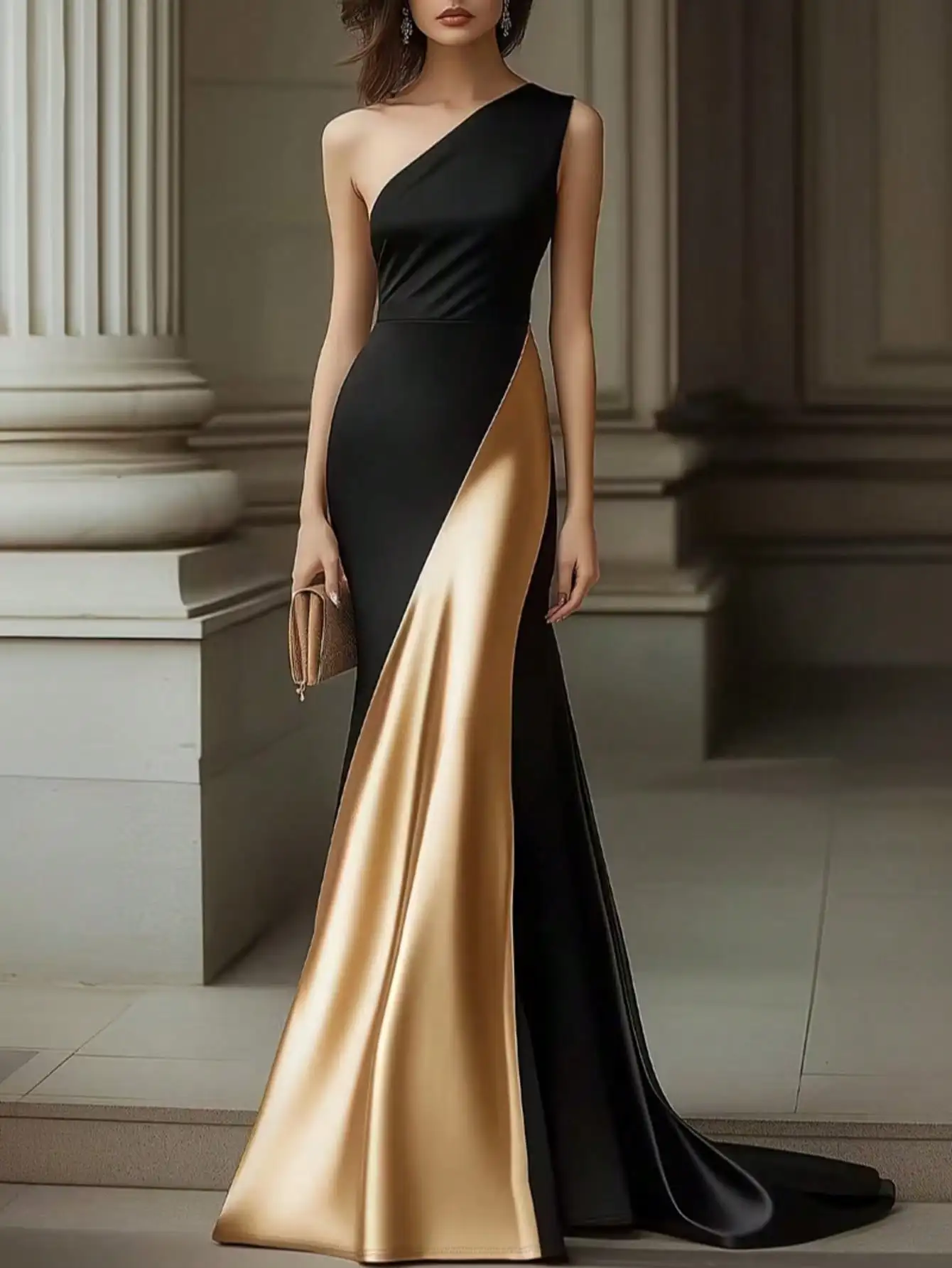 Elegant One-Shoulder Black & Gold Color Block Evening Gown, Floor-Length Formal Dress
Elegant One-Shoulder Black & Gold Color Block Evening Gown, Floor-Length Formal Dress
