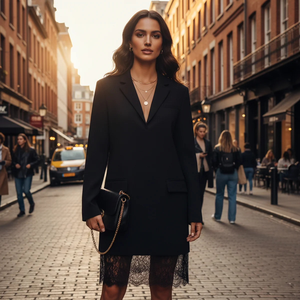 Women's Black Blazer Dress Longline Fit Lace Hem Detail Lapel Dual Pockets Elegant Formal/Casual Outerwear Chic Office Jacket
Women's Black Blazer Dress Longline Fit Lace Hem Detail Lapel Dual Pockets Elegant Formal/Casual Outerwear Chic Office Jacket