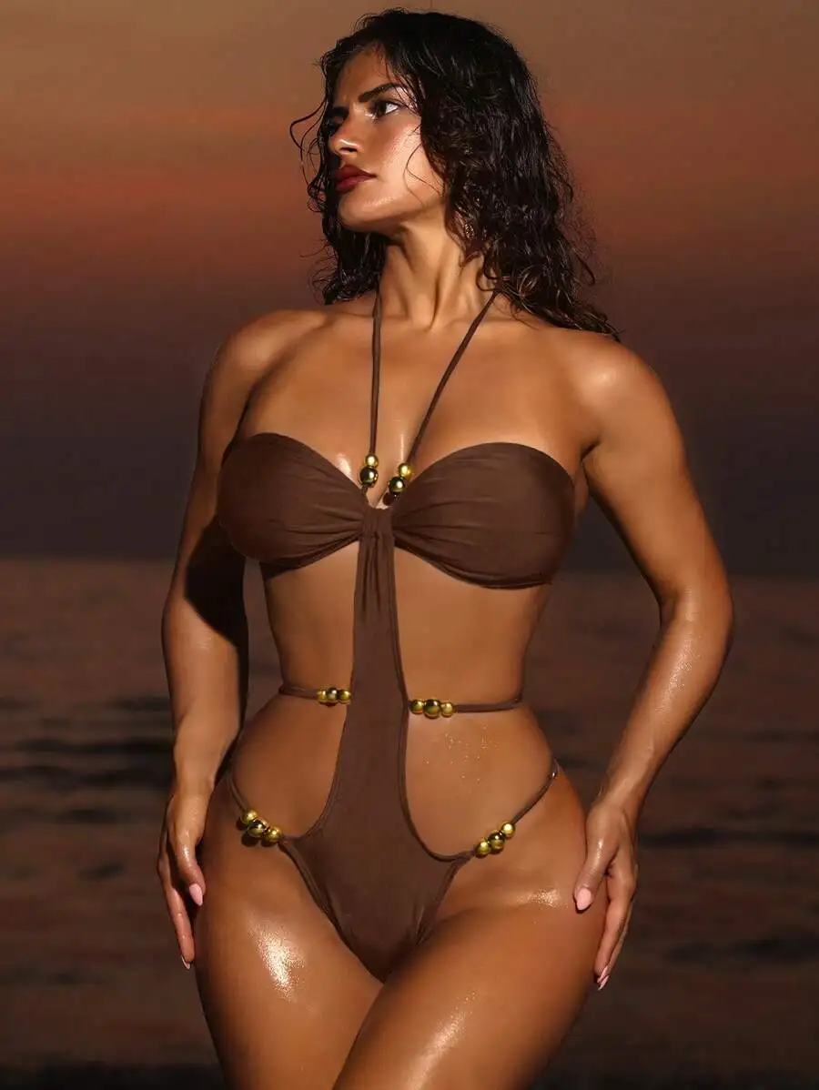 Solid Color Bandeau High Cut Hollow Out Swimsuit With Bead Decor Boho Style For Beach Vacation
Solid Color Bandeau High Cut Hollow Out Swimsuit With Bead Decor Boho Style For Beach Vacation
