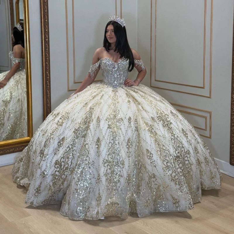 Ivory Shiny Princess Off the Shoulder Sweet 16 Dress Quinceanera Dresses Sequin Applique Lace Beading Bow Tull Party Birthday
Ivory Shiny Princess Off the Shoulder Sweet 16 Dress Quinceanera Dresses Sequin Applique Lace Beading Bow Tull Party Birthday