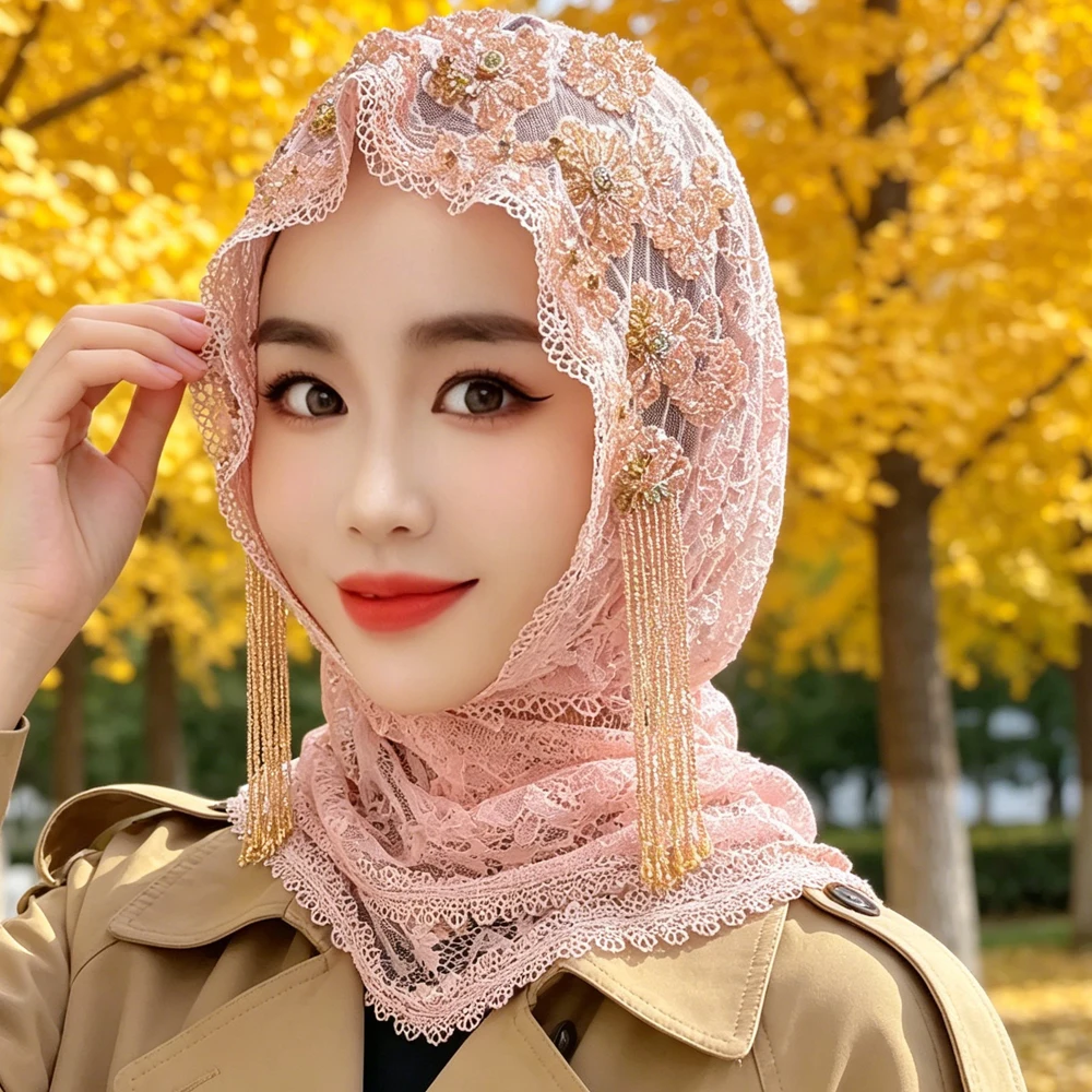 New Lace Embroidery Triangular Scarf Women Muslim Hijab Long Tassel Beads Shawl Wrap Bonnet Islam Wedding Party Headscarf Turban
New Lace Embroidery Triangular Scarf Women Muslim Hijab Long Tassel Beads Shawl Wrap Bonnet Islam Wedding Party Headscarf Turban