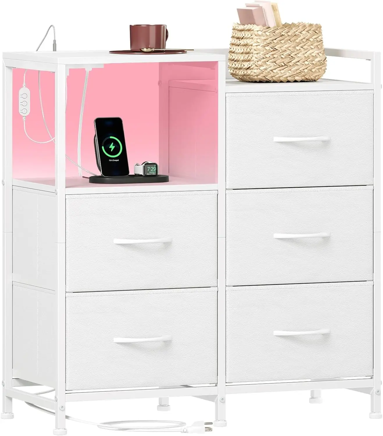 White Nightstand with Charging Station, LED Light, 5 Drawers and Open Shelf for Bedroom Storage
White Nightstand with Charging Station, LED Light, 5 Drawers and Open Shelf for Bedroom Storage