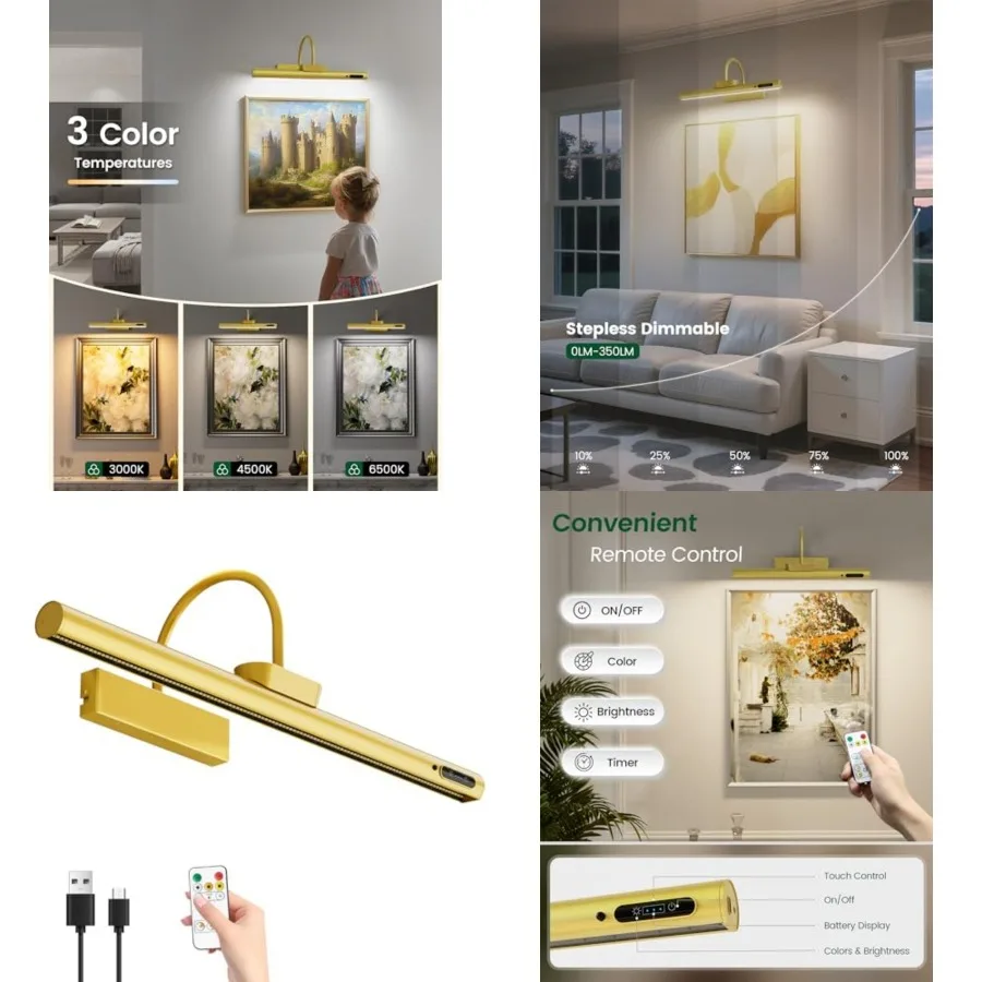 Picture Light Battery Operated, Picture Lights for Wall, 3 Colors and Brightness Dimmable, Rechargeable Art Light for Paintings
Picture Light Battery Operated, Picture Lights for Wall, 3 Colors and Brightness Dimmable, Rechargeable Art Light for Paintings