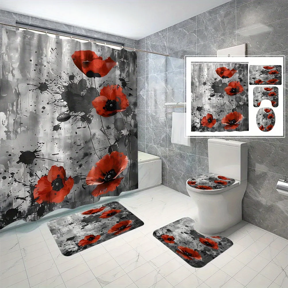 Open 4-piece set red flower digital print polyester shower curtain punch-free partition bathroom set with non-slip mat
Open 4-piece set red flower digital print polyester shower curtain punch-free partition bathroom set with non-slip mat