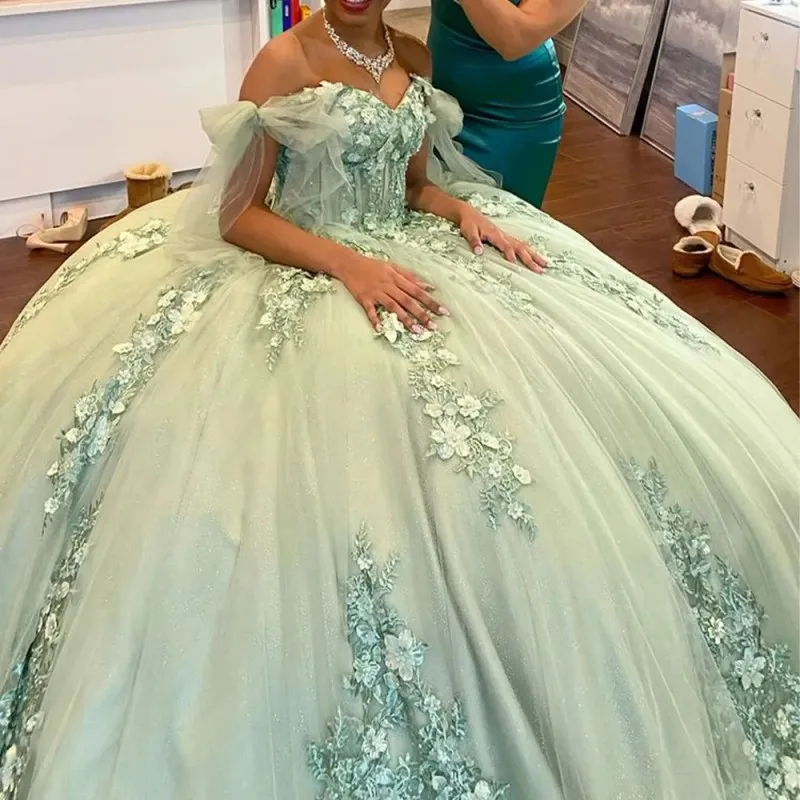 Mint Green Shiny Princess Ball Gown Quinceanera Dresses for Sweet 15 Gilrs Off Shoulder Appliques Beads 3DFlower Tulle Sweep
Mint Green Shiny Princess Ball Gown Quinceanera Dresses for Sweet 15 Gilrs Off Shoulder Appliques Beads 3DFlower Tulle Sweep