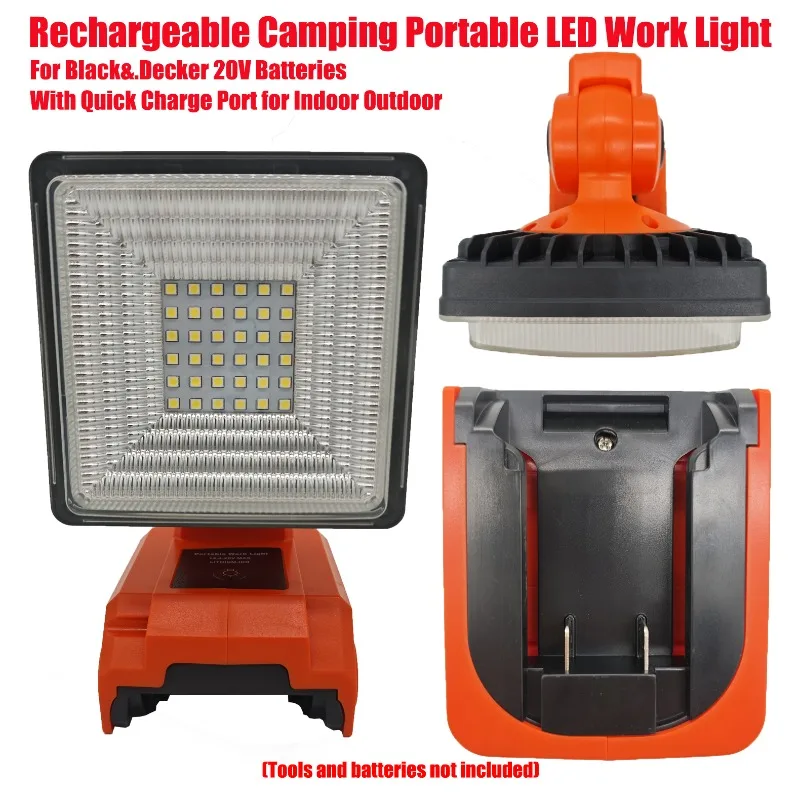 Portable LED Work Light Rechargeable Camping Light for Black&Decker 20V Batteries Port for Indoor Outdoor Use with Quick Charge
Portable LED Work Light Rechargeable Camping Light for Black&Decker 20V Batteries Port for Indoor Outdoor Use with Quick Charge
