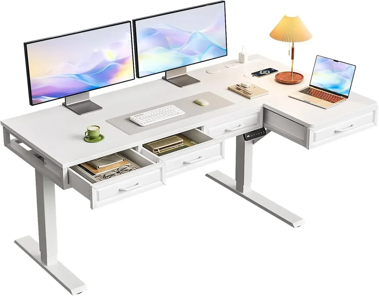 L Shaped Electric Standing Desk with Wooden Drawers, 55 Inch Height Adjustable Corner Workstation with Power Outlets, Sit Stand
L Shaped Electric Standing Desk with Wooden Drawers, 55 Inch Height Adjustable Corner Workstation with Power Outlets, Sit Stand
