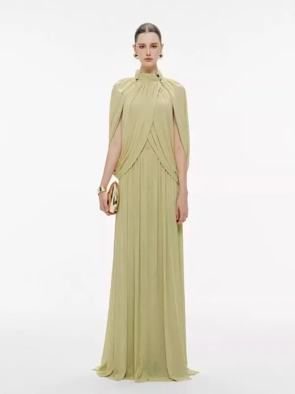 Elegant Oil Green Long Dress with Shoulder Bared High Collar And Pleated Design Fashionable Midi Dress for Various Occasions
Elegant Oil Green Long Dress with Shoulder Bared High Collar And Pleated Design Fashionable Midi Dress for Various Occasions