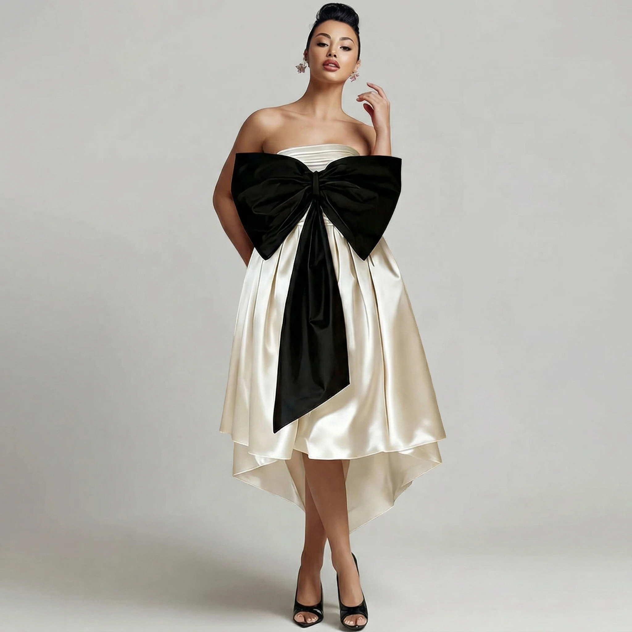 Elegant Women's Black and White Satin Strapless Dress Big Bow High Low Hem Formal Evening Party Cocktail Dress
Elegant Women's Black and White Satin Strapless Dress Big Bow High Low Hem Formal Evening Party Cocktail Dress