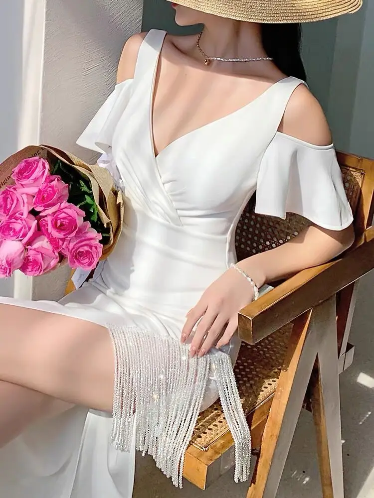 Tassel Off Shoulder Split Dress Women White Wedding V Neck Cape Vestidos Korea Fashion Elegant Slim High Waist Party Vestidos
Tassel Off Shoulder Split Dress Women White Wedding V Neck Cape Vestidos Korea Fashion Elegant Slim High Waist Party Vestidos