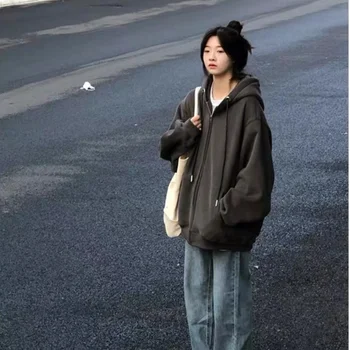 빈티지 아메리칸 스타일 후드 티셔츠 여성의 느슨한 한국 시스템 봄 가을 새로운 도착 특대 자켓 풀오버