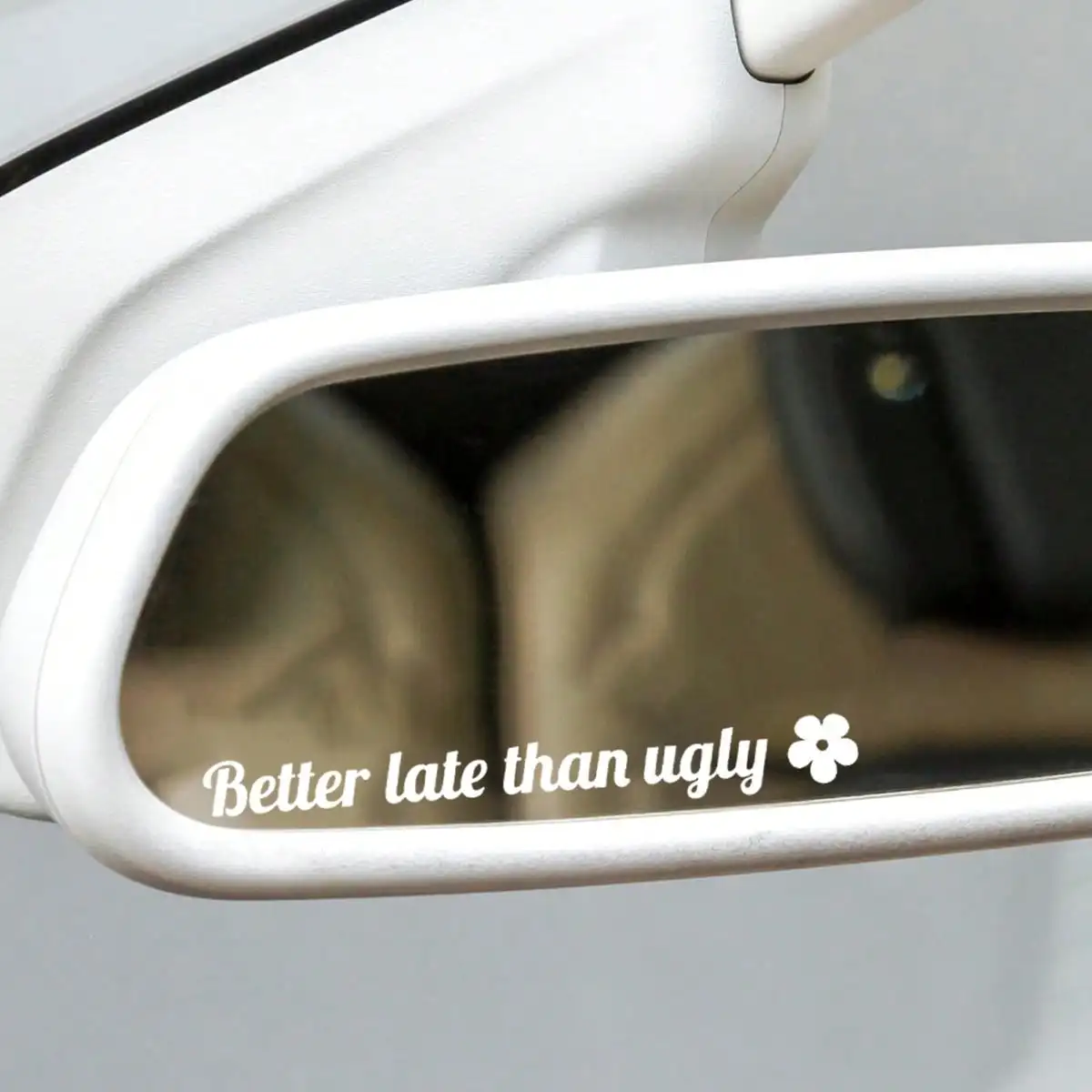 Humorous Mirror Sticker, "Better late than ugly" Pink Quote with Flower, Auto Decor
Humorous Mirror Sticker, "Better late than ugly" Pink Quote with Flower, Auto Decor