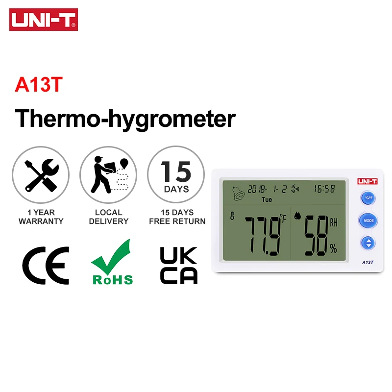 Измеритель температуры и влажности UNI-T A13T Внутренний термогигрометр -10 ℃ ~50 ℃ Цифровой термометр, будильник, дисплей времени
Измеритель температуры и влажности UNI-T A13T Внутренний термогигрометр -10 ℃ ~50 ℃ Цифровой термометр, будильник, дисплей времени