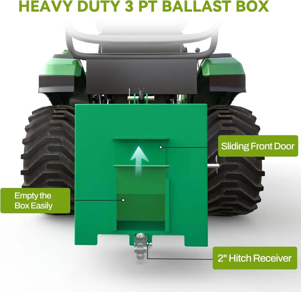 3 Point Hitch Tractor Ballast Box, 800lb Capacity, Green, Fits CAT1 Tractors with 2" Receiver
3 Point Hitch Tractor Ballast Box, 800lb Capacity, Green, Fits CAT1 Tractors with 2" Receiver