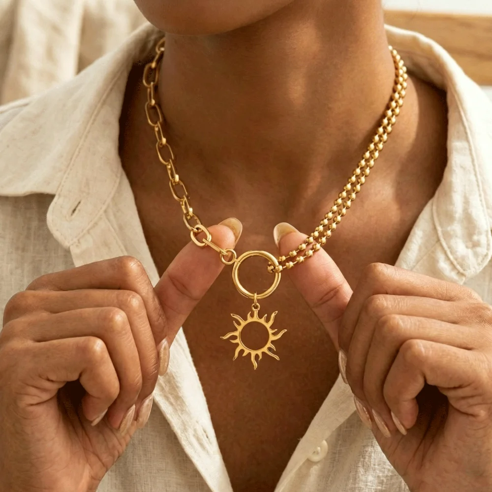LUXUKISSKIDS Minimalist Chic Stainless Steel Necklaces Trendy Fine Delicate Sun Totem Double Layered Chains Pendants Necklace
LUXUKISSKIDS Minimalist Chic Stainless Steel Necklaces Trendy Fine Delicate Sun Totem Double Layered Chains Pendants Necklace
