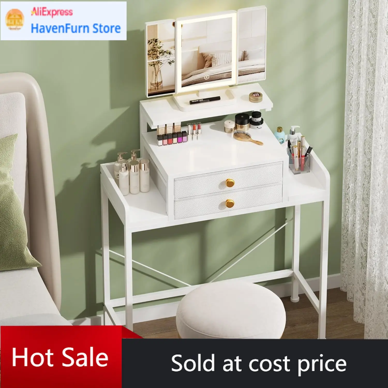 Vanity Desk with Mirror and Lights, 28.4''W Small Makeup Vanity Table with Height-Adjustable Stand, 2 Fabric Drawers Compact Mak
Vanity Desk with Mirror and Lights, 28.4''W Small Makeup Vanity Table with Height-Adjustable Stand, 2 Fabric Drawers Compact Mak