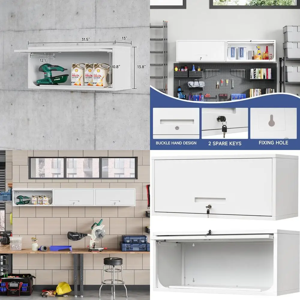 White Wall-Mounted Storage Cabinet with Flip-Up Door for Garage, Warehouse, Home, and Office Use (Assembly Required)
White Wall-Mounted Storage Cabinet with Flip-Up Door for Garage, Warehouse, Home, and Office Use (Assembly Required)