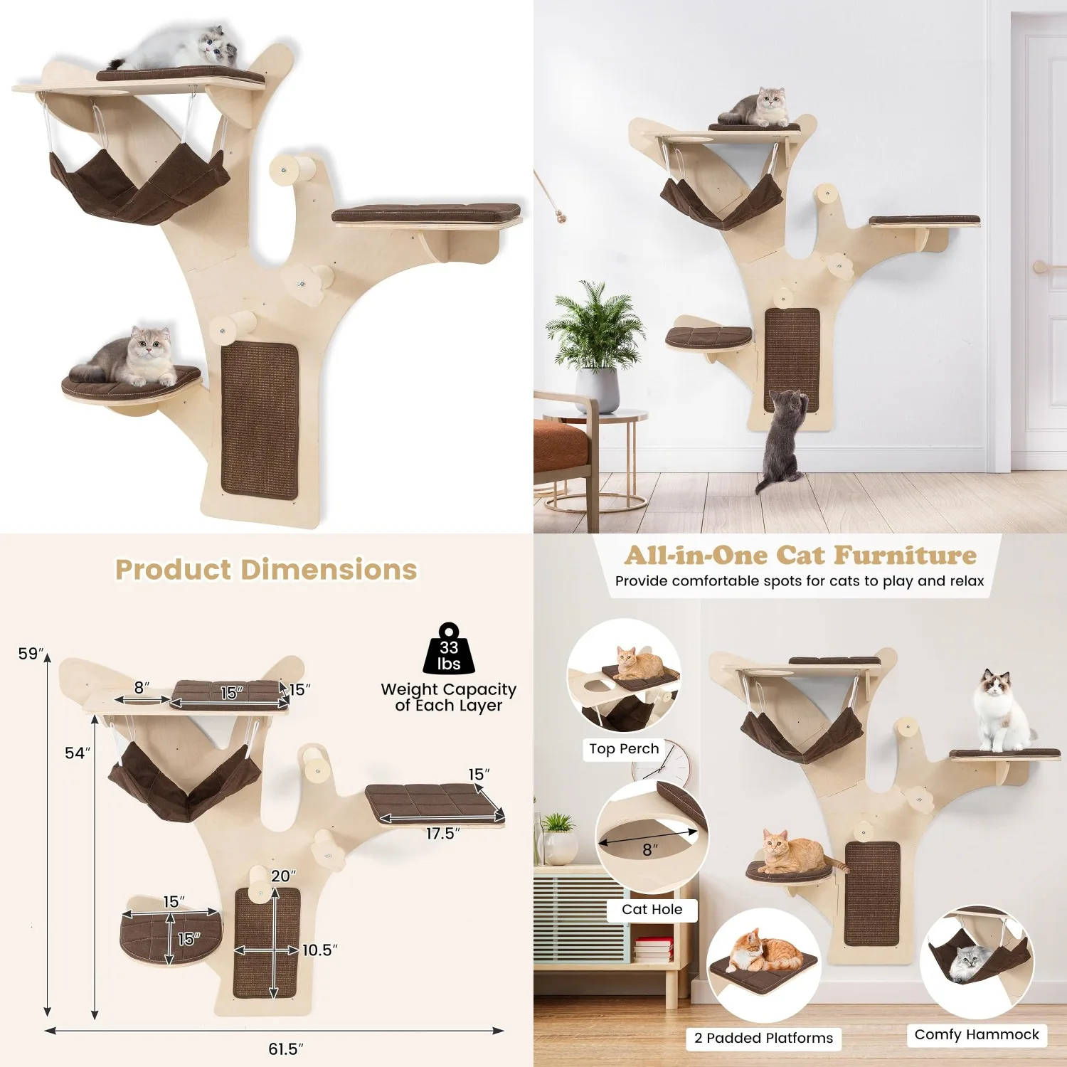 59 Inch Cat Wall Shelves, Tree-Like Wall Mounted Cat Tree Furniture with Sisal Scratching Posts and Mat, Perches,, Customized
59 Inch Cat Wall Shelves, Tree-Like Wall Mounted Cat Tree Furniture with Sisal Scratching Posts and Mat, Perches,, Customized