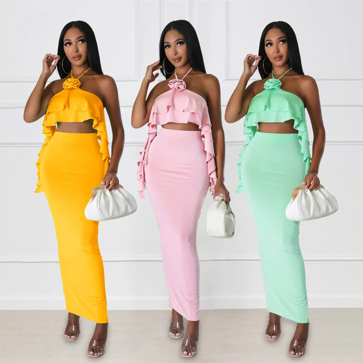 Summer Sexy Split Women Sets Elegant Women Strapless Ruffled Top and High-waisted Slit Skirts Set Two Piece Sets Womens Outifits
Summer Sexy Split Women Sets Elegant Women Strapless Ruffled Top and High-waisted Slit Skirts Set Two Piece Sets Womens Outifits