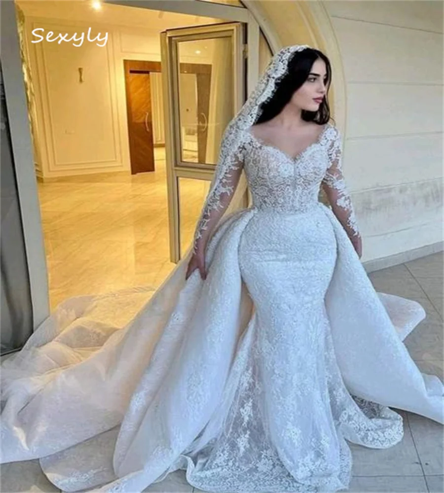 Glam Mermaid Wedding Dress With Overskirt Train Luxury Lace Princess Country Bridal Dress Long Sleeve Dubai Arabic Customized
Glam Mermaid Wedding Dress With Overskirt Train Luxury Lace Princess Country Bridal Dress Long Sleeve Dubai Arabic Customized